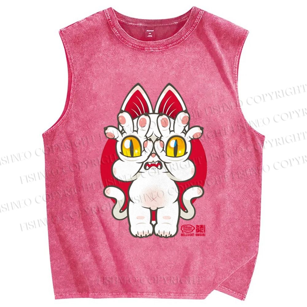 Unisex Japanese Style Monster Cat Printed Washed Tank Top