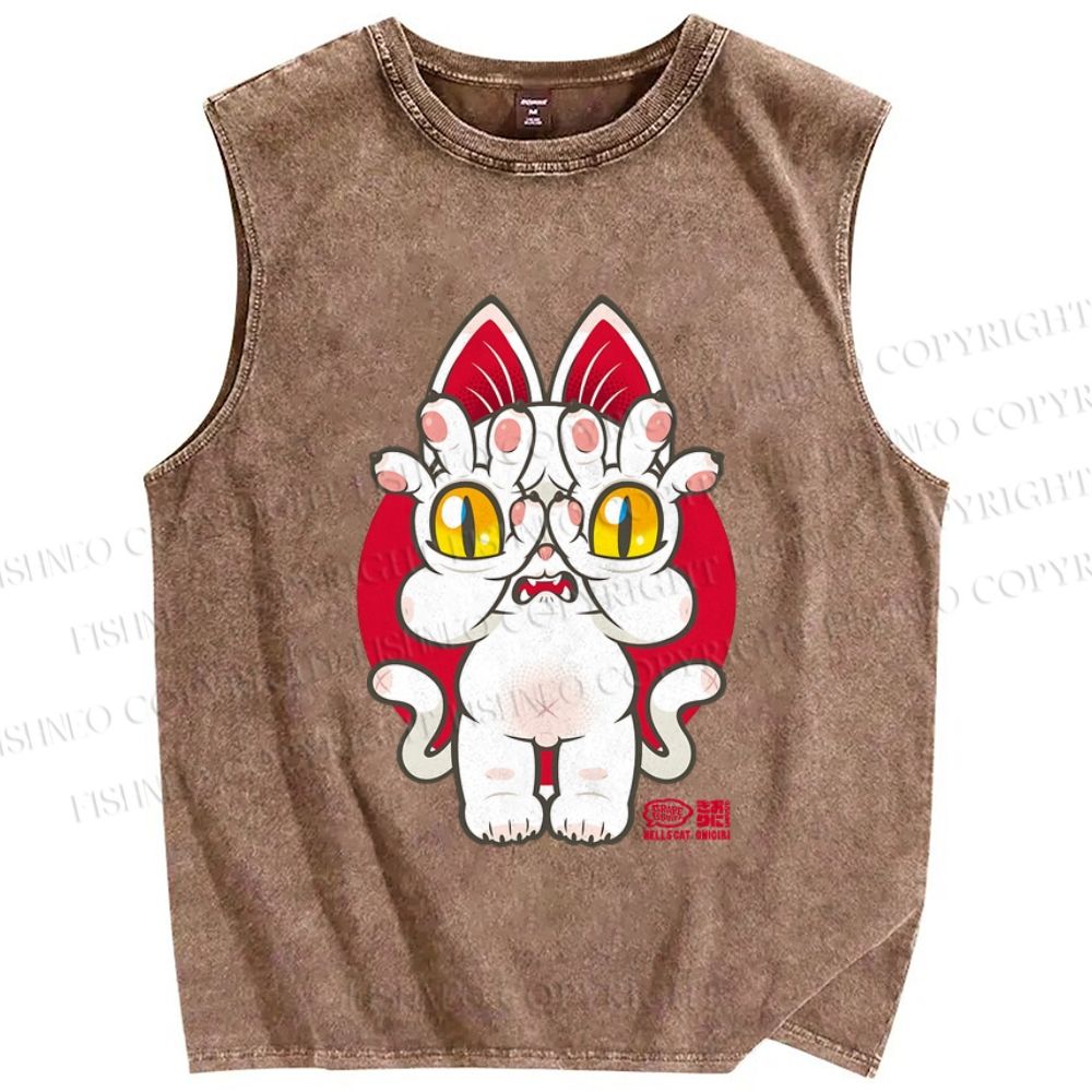 Unisex Japanese Style Monster Cat Printed Washed Tank Top
