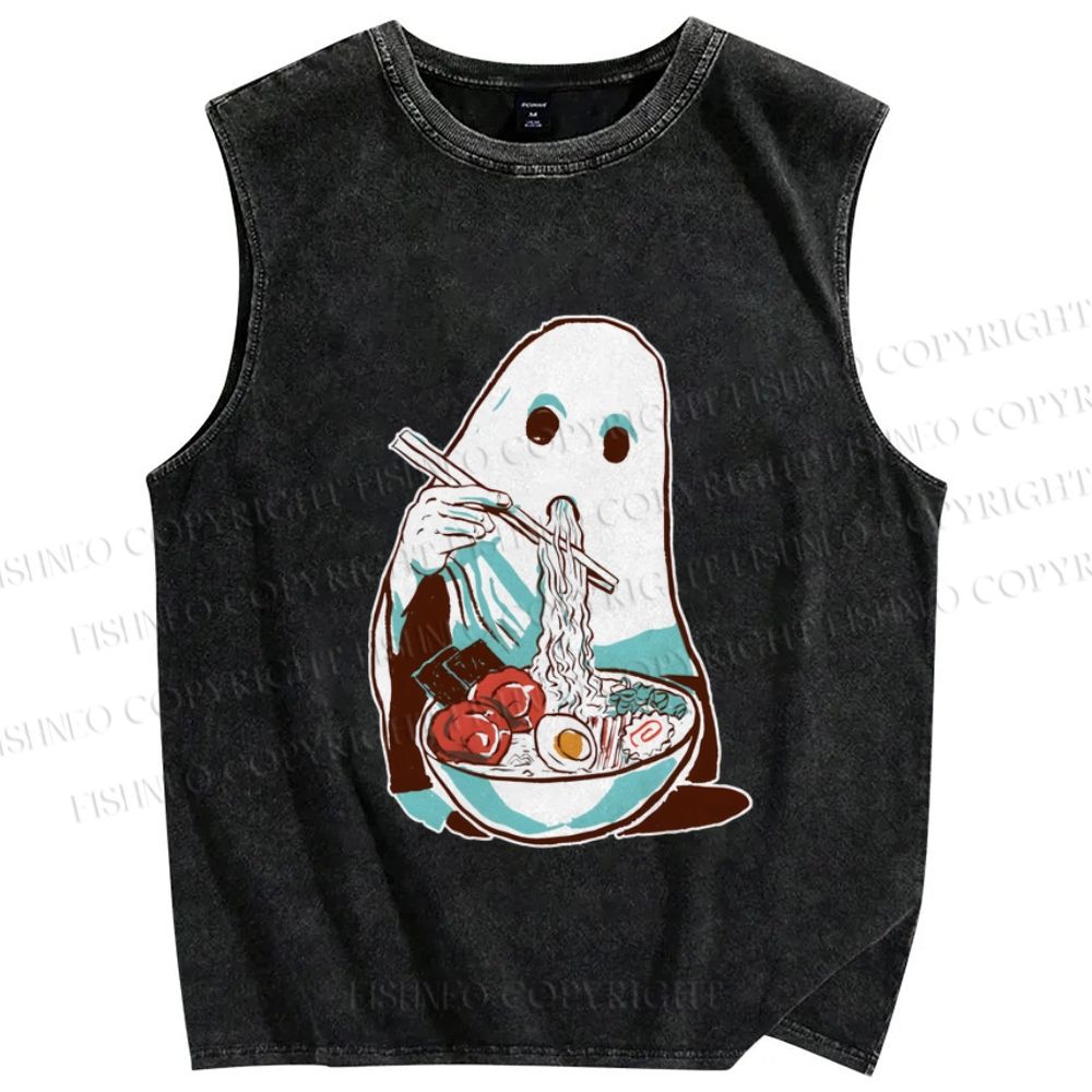 Unisex Halloween Ghost Having Ramen Printed Washed Tank Top