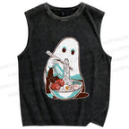 Unisex Halloween Ghost Having Ramen Printed Washed Tank Top