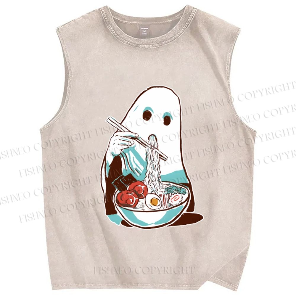 Unisex Halloween Ghost Having Ramen Printed Washed Tank Top