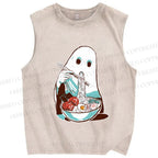Unisex Halloween Ghost Having Ramen Printed Washed Tank Top