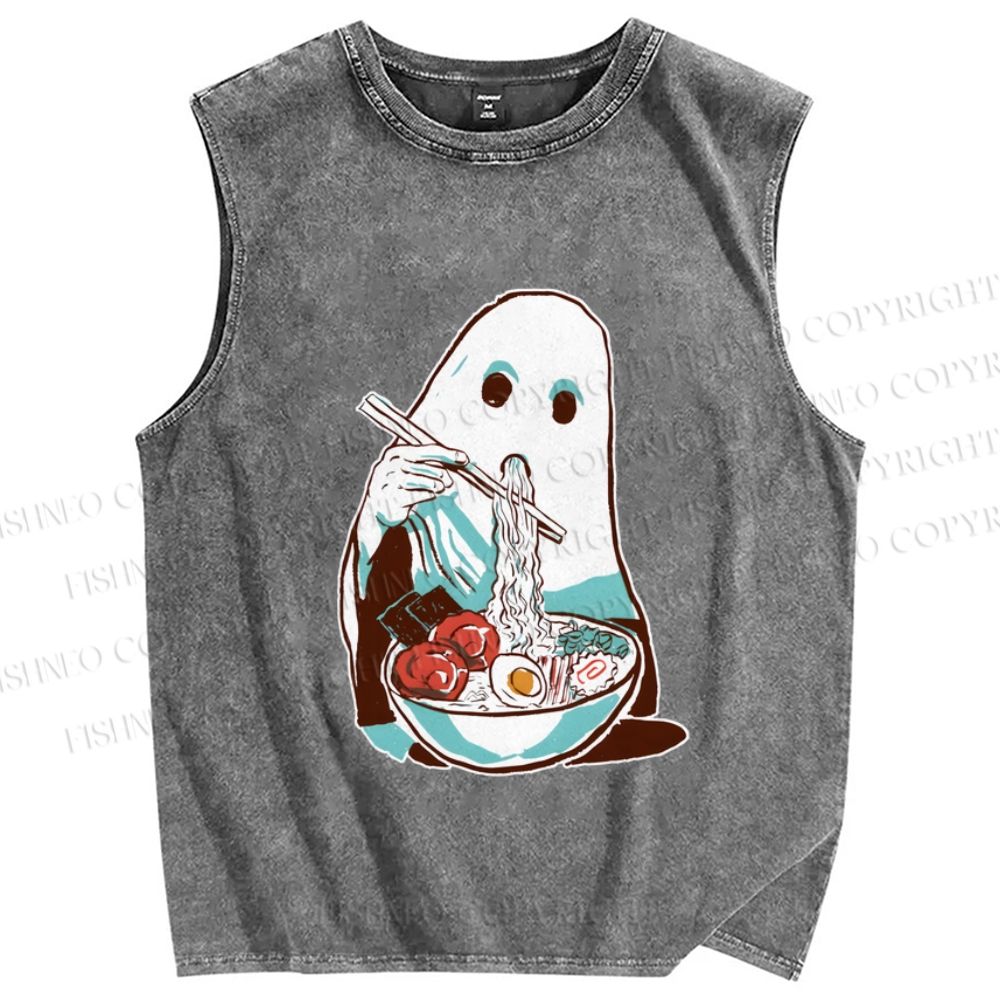 Unisex Halloween Ghost Having Ramen Printed Washed Tank Top