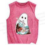 Unisex Halloween Ghost Having Ramen Printed Washed Tank Top