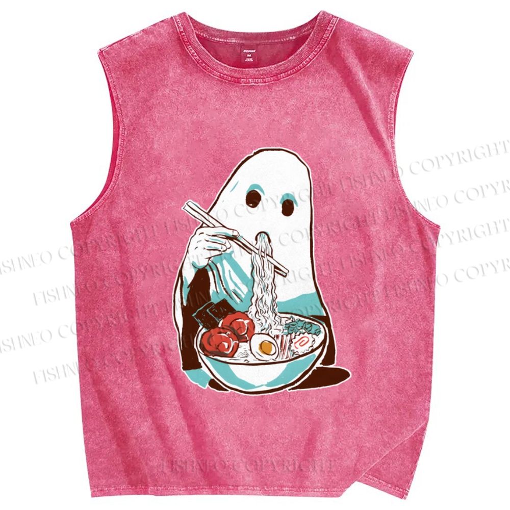 Unisex Halloween Ghost Having Ramen Printed Washed Tank Top