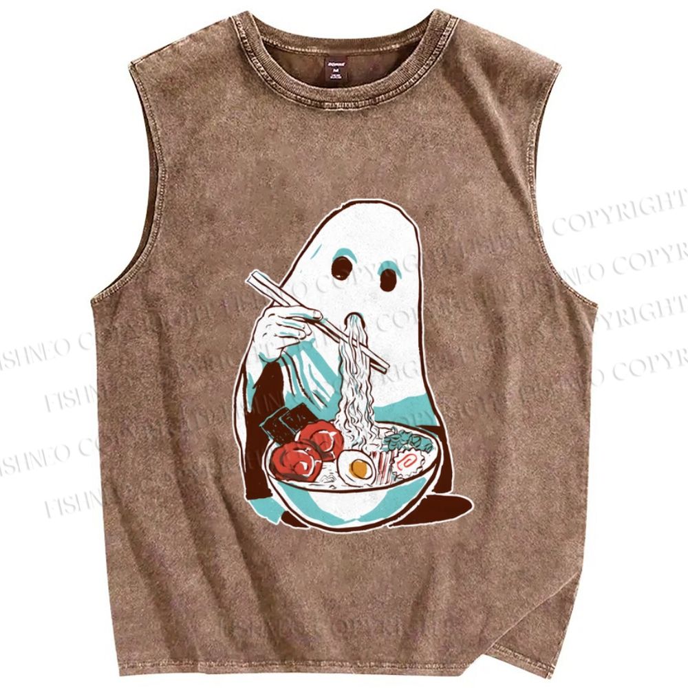 Unisex Halloween Ghost Having Ramen Printed Washed Tank Top