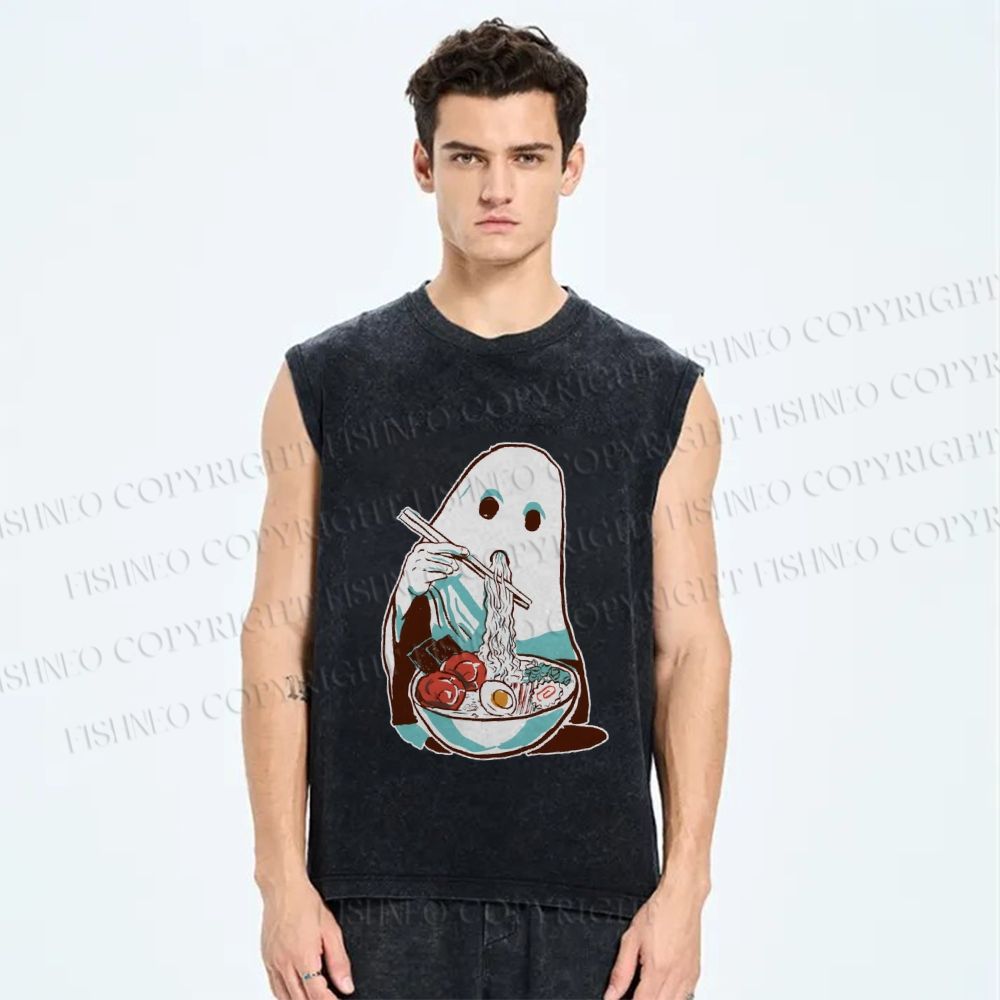 Unisex Halloween Ghost Having Ramen Printed Washed Tank Top