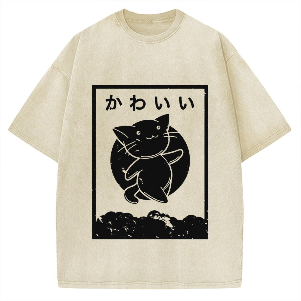 Kawaii Katakana Japanese Cute Cat Vintage Washed T-shirt