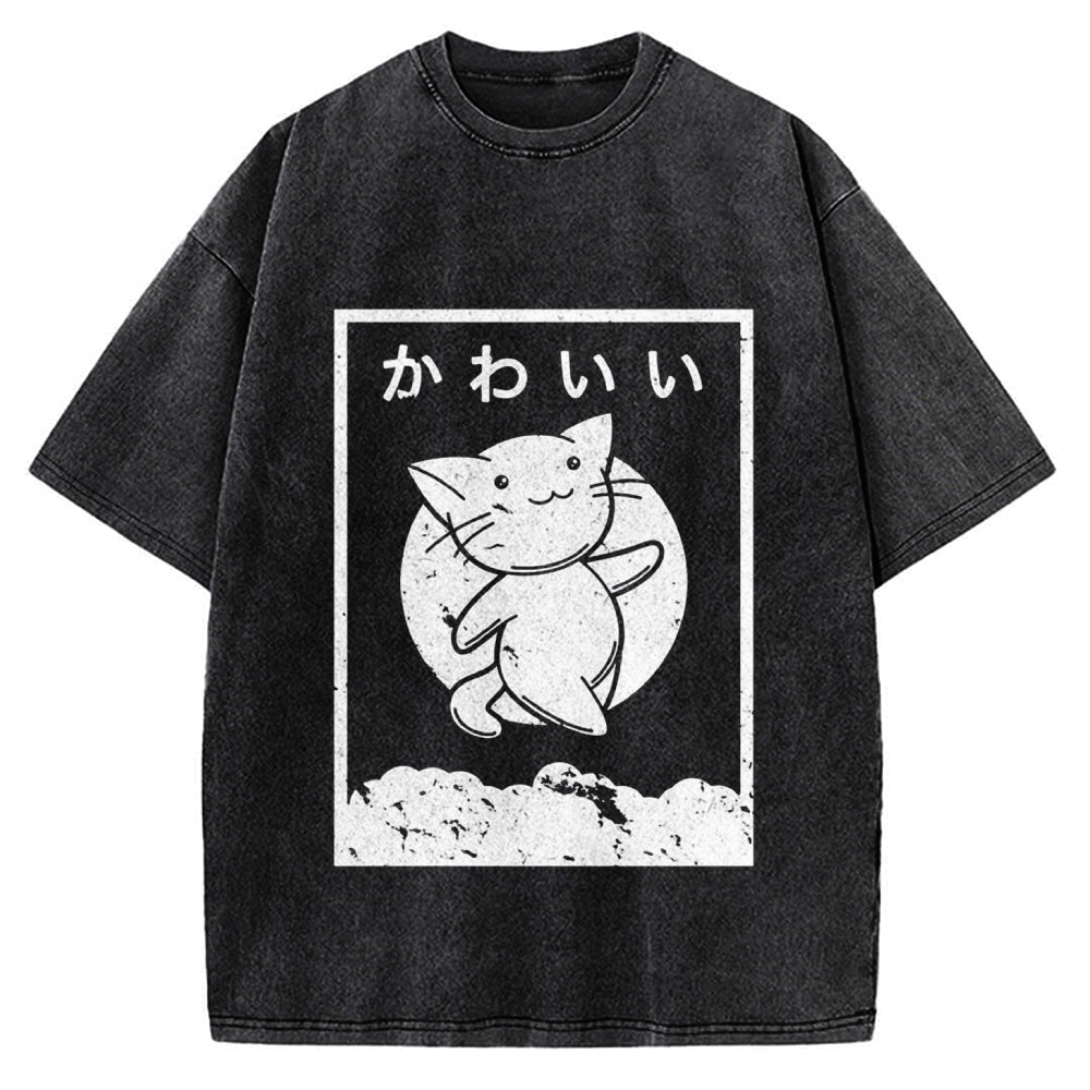 Kawaii Katakana Japanese Cute Cat Vintage Washed T-shirt
