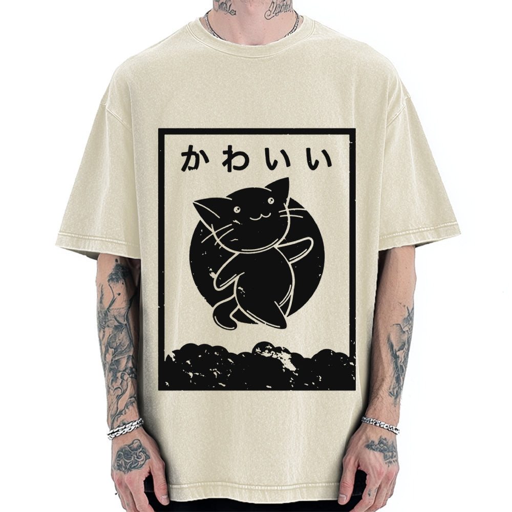 Kawaii Katakana Japanese Cute Cat Vintage Washed T-shirt