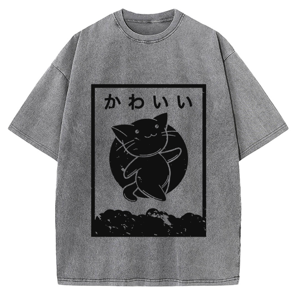 Kawaii Katakana Japanese Cute Cat Vintage Washed T-shirt