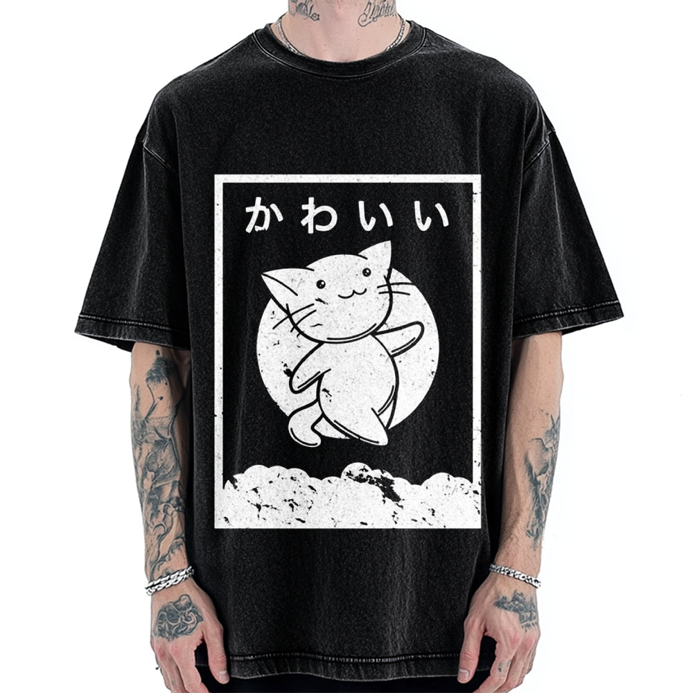 Kawaii Katakana Japanese Cute Cat Vintage Washed T-shirt