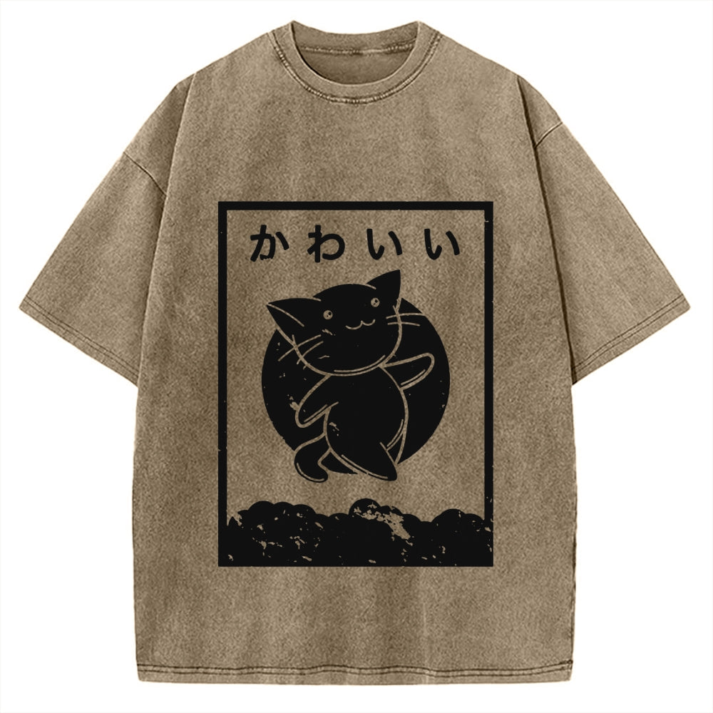 Kawaii Katakana Japanese Cute Cat Vintage Washed T-shirt