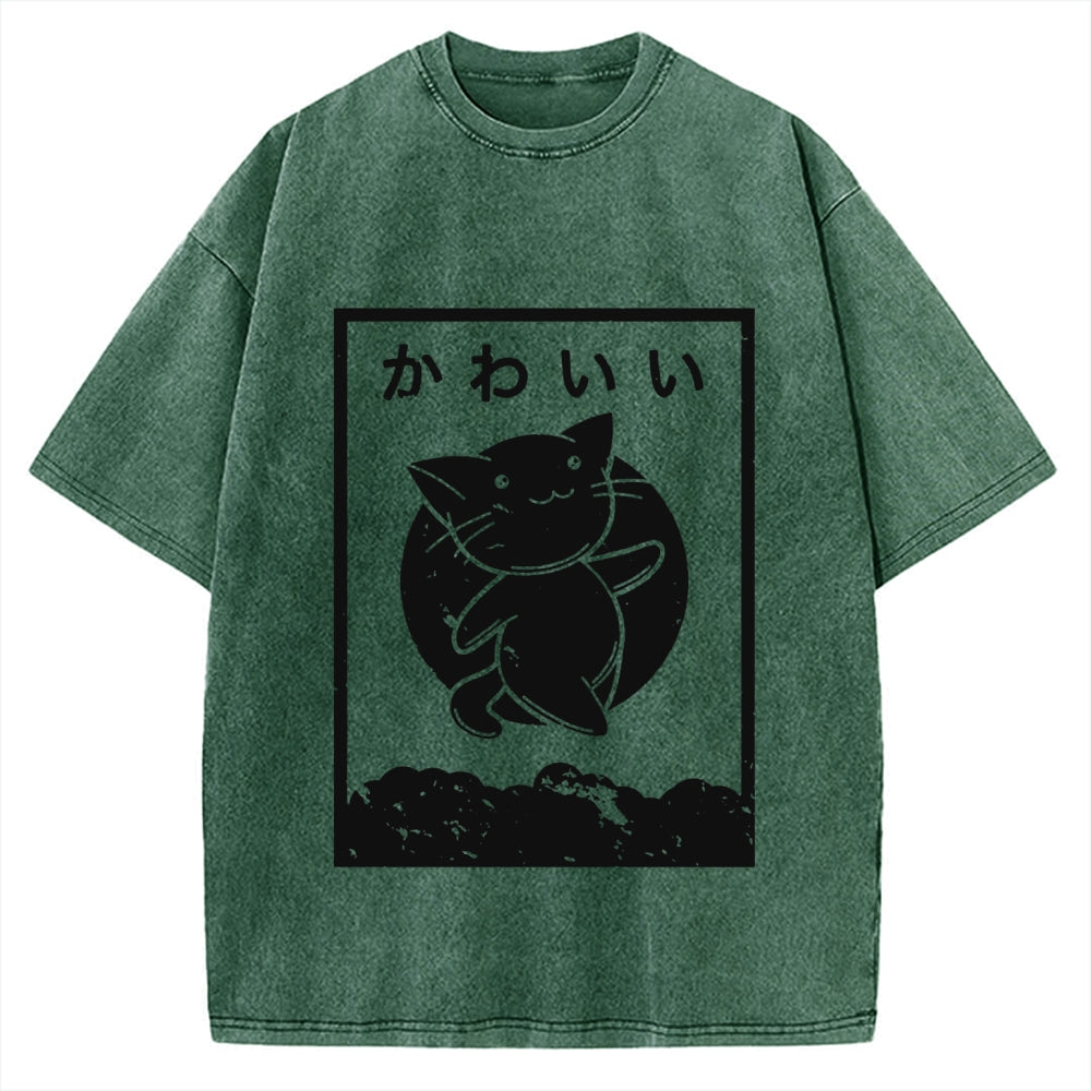 Kawaii Katakana Japanese Cute Cat Vintage Washed T-shirt