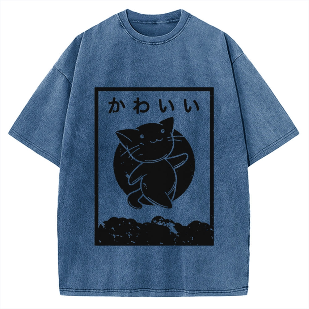 Kawaii Katakana Japanese Cute Cat Vintage Washed T-shirt