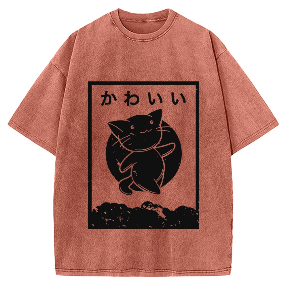 Kawaii Katakana Japanese Cute Cat Vintage Washed T-shirt