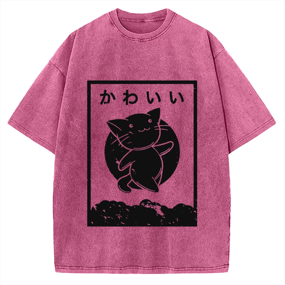 Kawaii Katakana Japanese Cute Cat Vintage Washed T-shirt