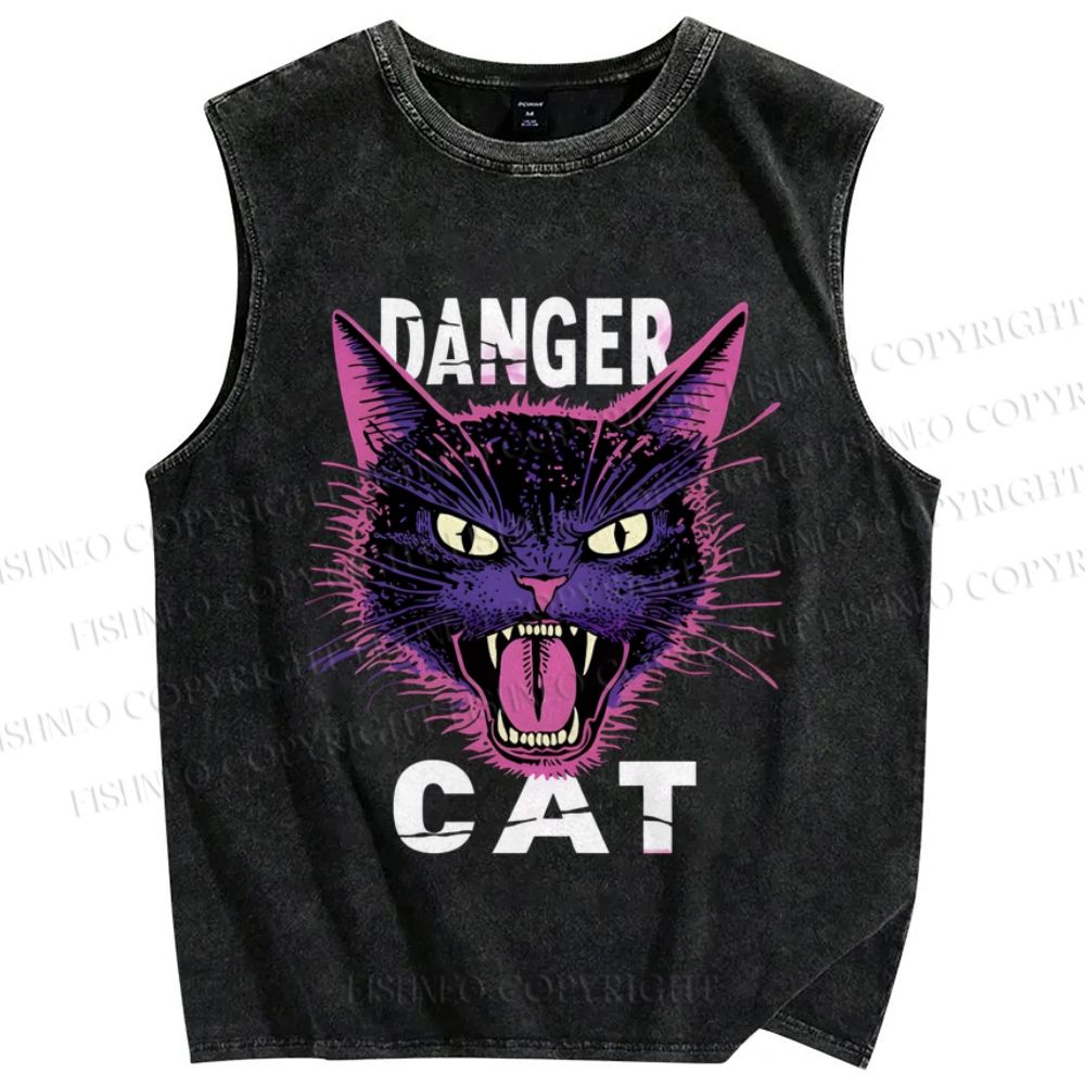 Unisex Danger Cat Printed Washed Tank Top