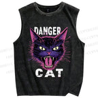 Unisex Danger Cat Printed Washed Tank Top