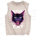 Unisex Danger Cat Printed Washed Tank Top