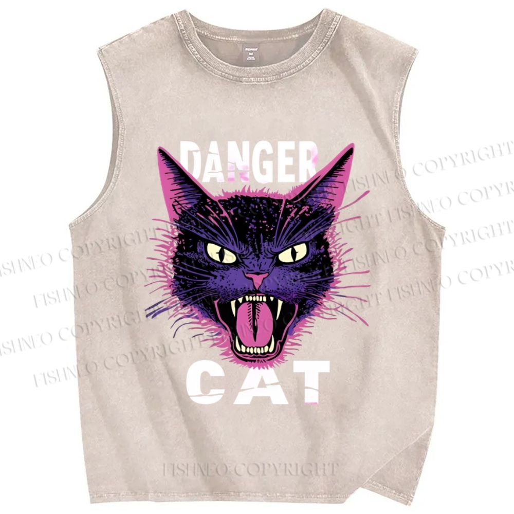 Unisex Danger Cat Printed Washed Tank Top