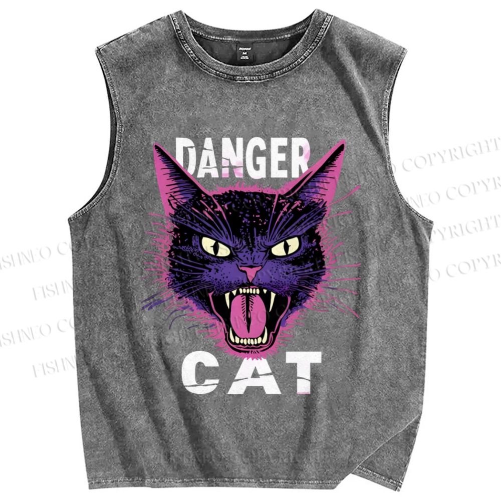 Unisex Danger Cat Printed Washed Tank Top