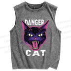 Unisex Danger Cat Printed Washed Tank Top