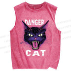 Unisex Danger Cat Printed Washed Tank Top