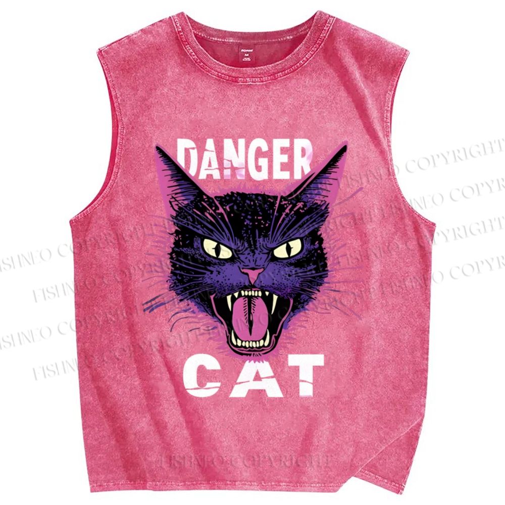 Unisex Danger Cat Printed Washed Tank Top