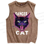 Unisex Danger Cat Printed Washed Tank Top