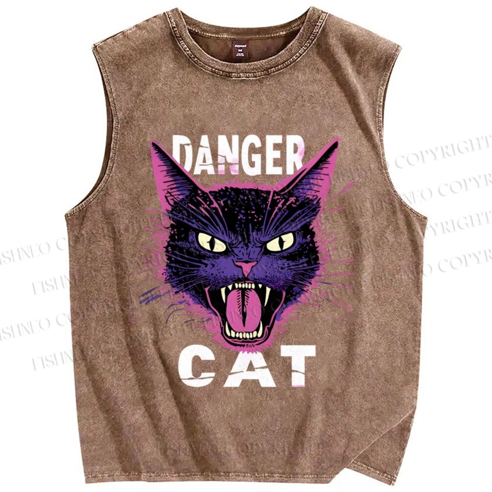 Unisex Danger Cat Printed Washed Tank Top