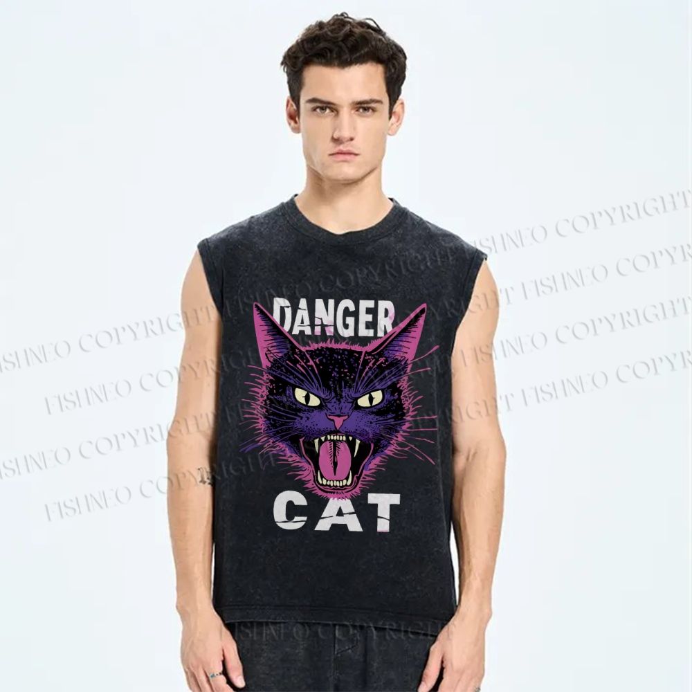 Unisex Danger Cat Printed Washed Tank Top