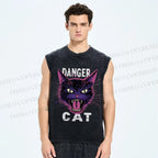 Unisex Danger Cat Printed Washed Tank Top