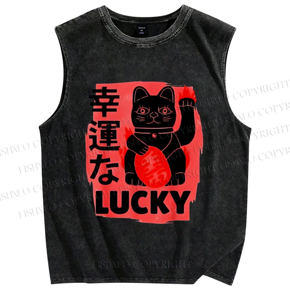 Unisex Lucky Cats Printed Washed Tank Top