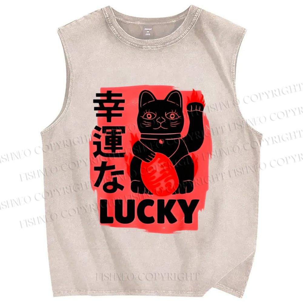Unisex Lucky Cats Printed Washed Tank Top