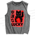 Unisex Lucky Cats Printed Washed Tank Top
