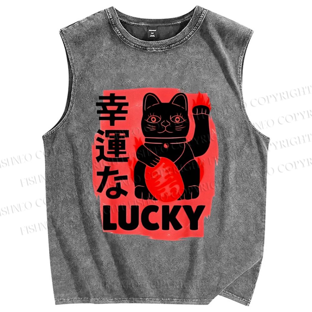 Unisex Lucky Cats Printed Washed Tank Top