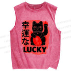 Unisex Lucky Cats Printed Washed Tank Top