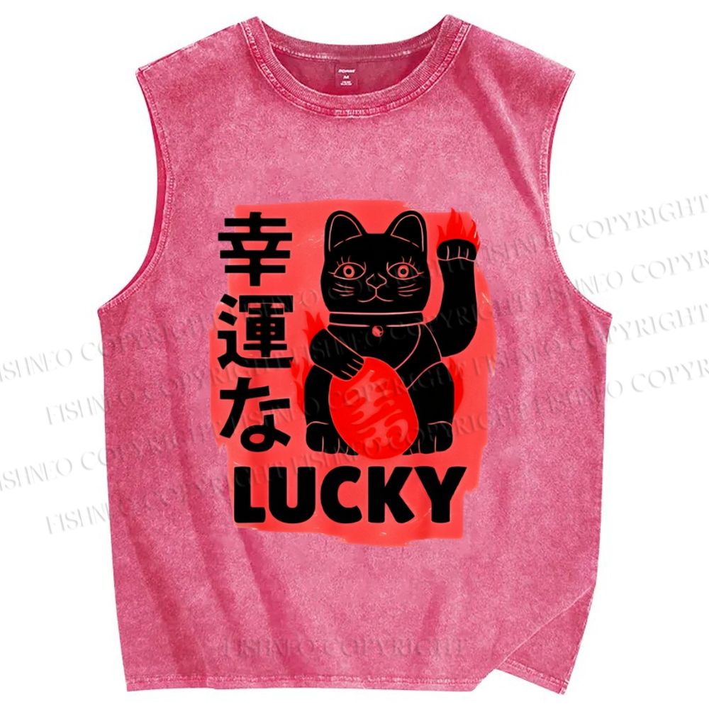 Unisex Lucky Cats Printed Washed Tank Top