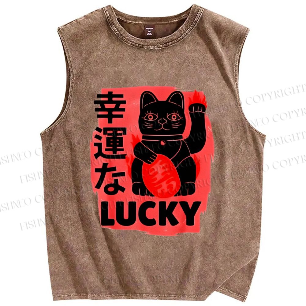 Unisex Lucky Cats Printed Washed Tank Top