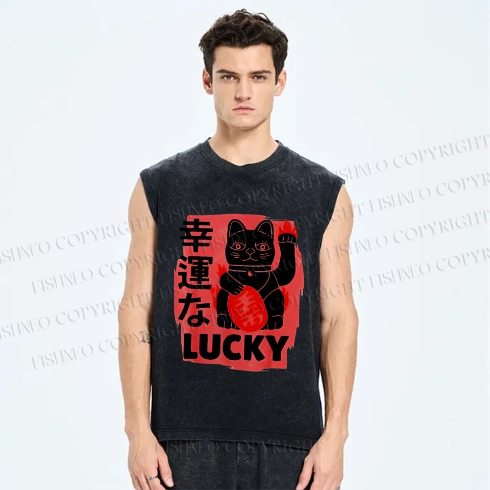 Unisex Lucky Cats Printed Washed Tank Top