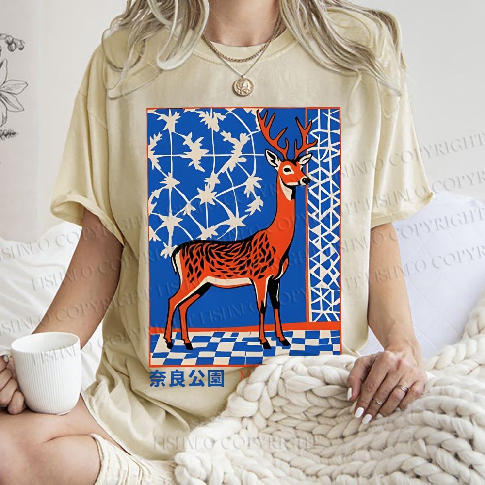 Unisex Nara Deer Printed Washed Tee
