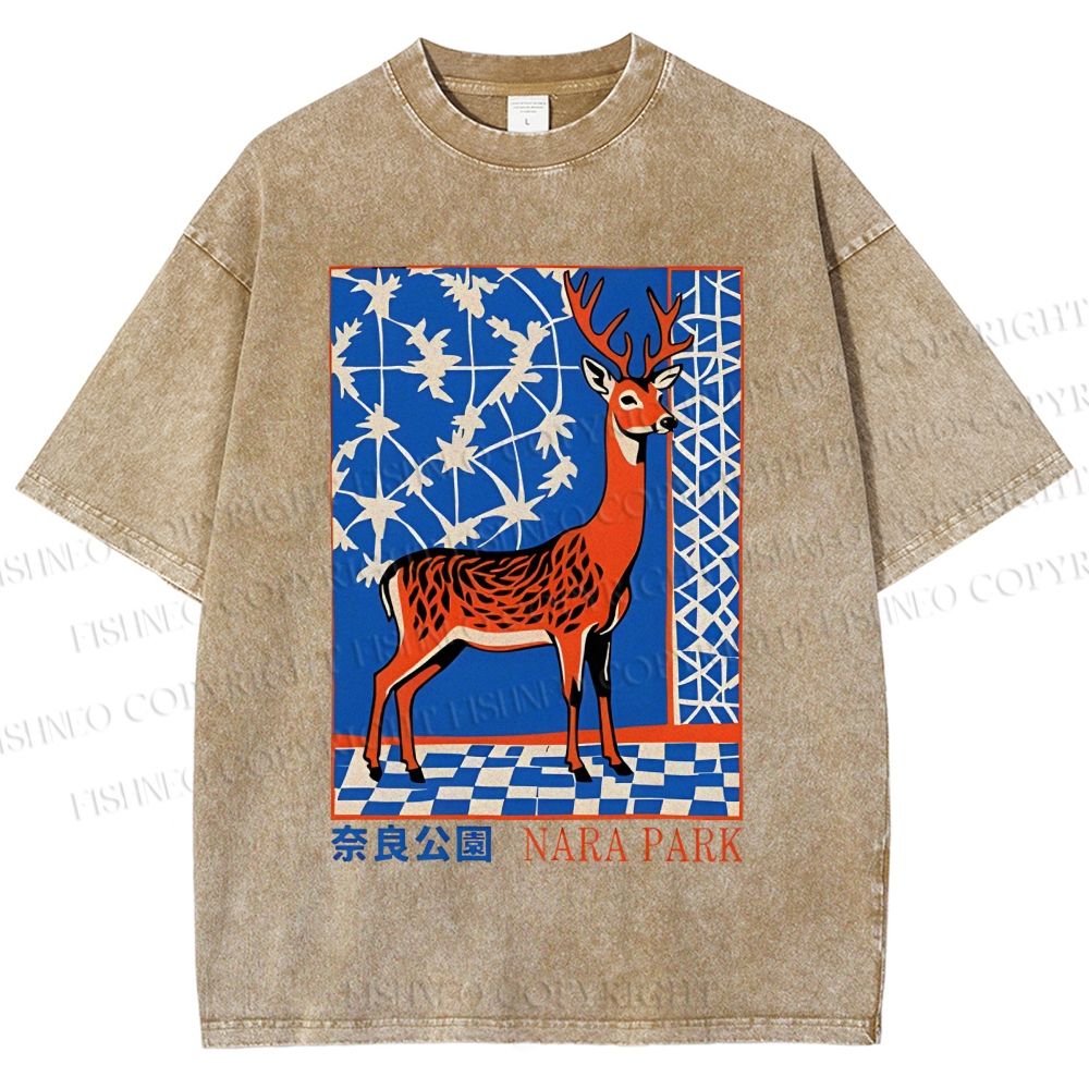 Unisex Nara Deer Printed Washed Tee