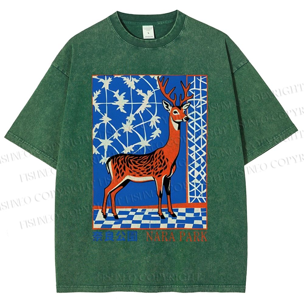 Unisex Nara Deer Printed Washed Tee