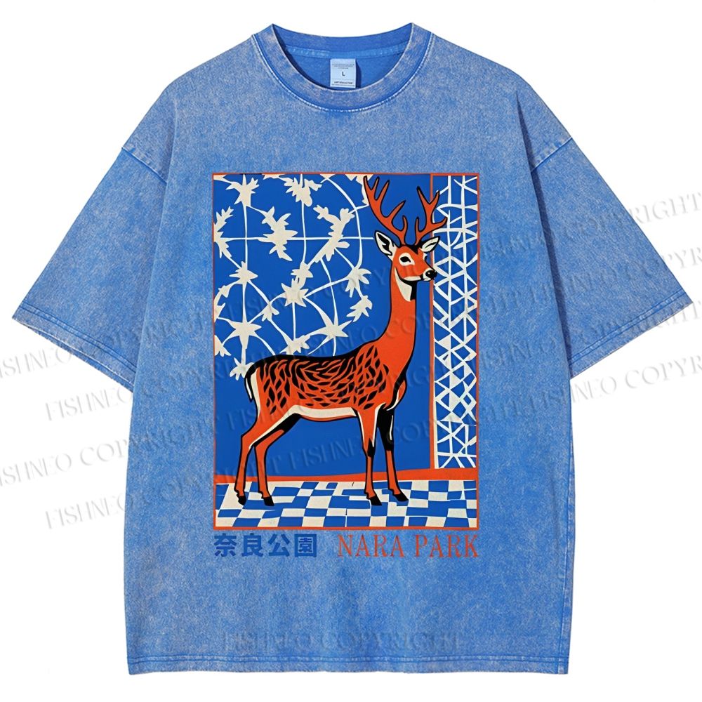 Unisex Nara Deer Printed Washed Tee
