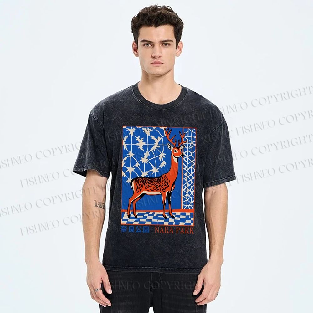 Unisex Nara Deer Printed Washed Tee