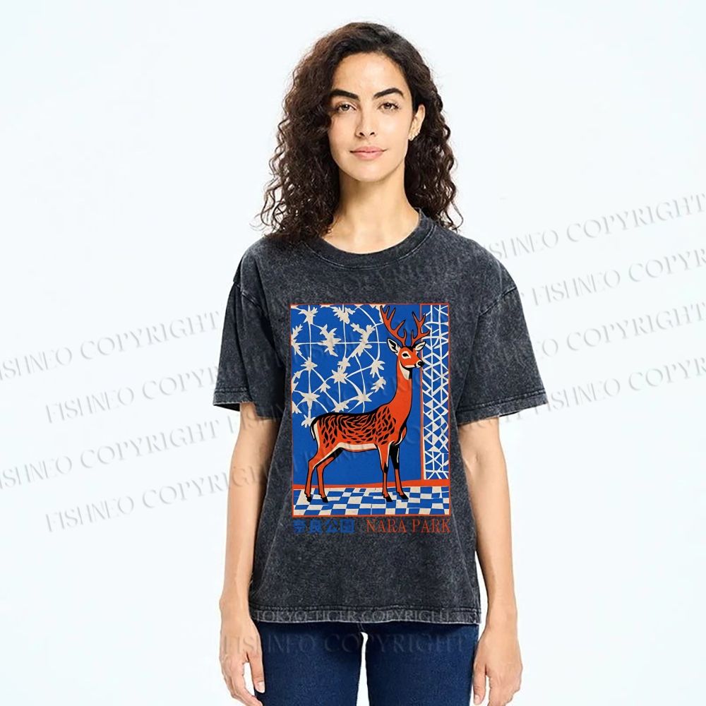 Unisex Nara Deer Printed Washed Tee