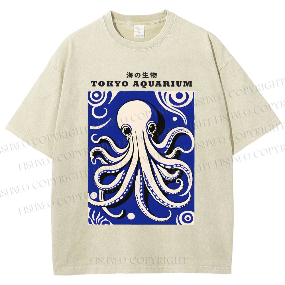 Unisex Japanese Octopus Printed Washed Tee