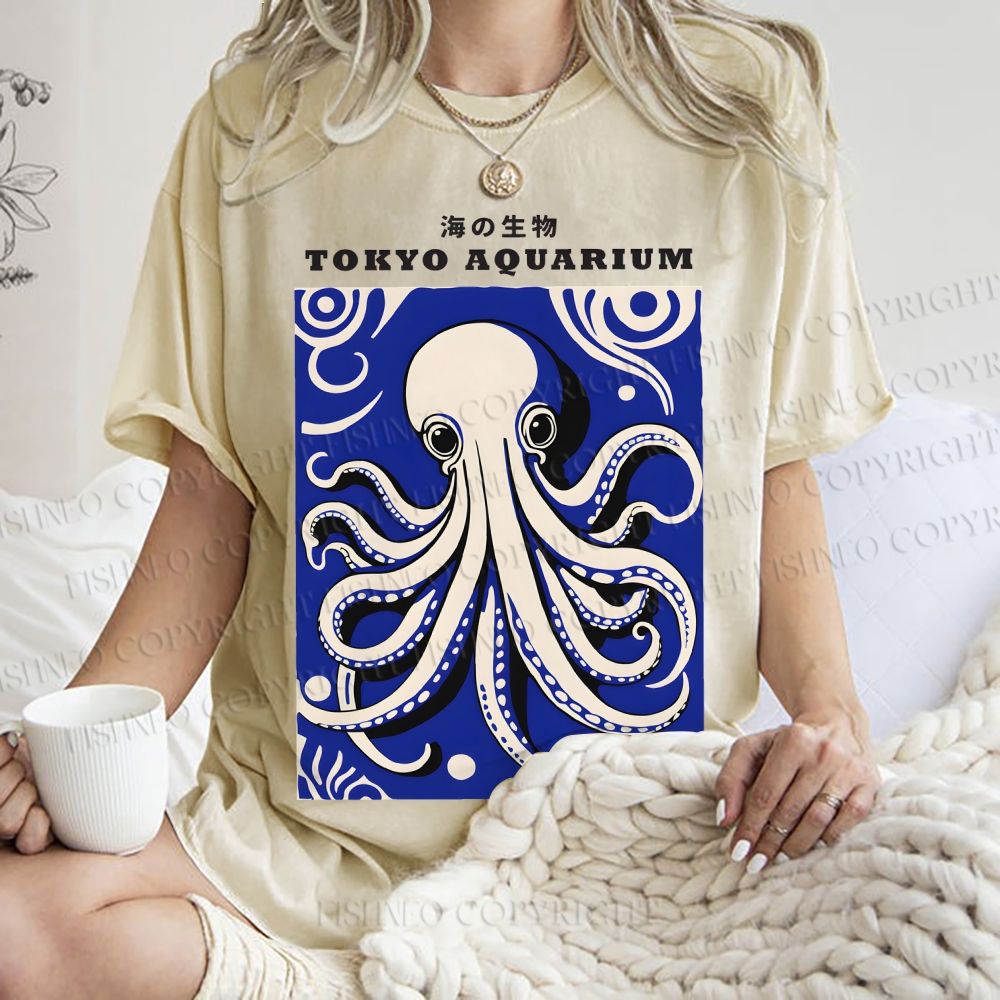 Unisex Japanese Octopus Printed Washed Tee