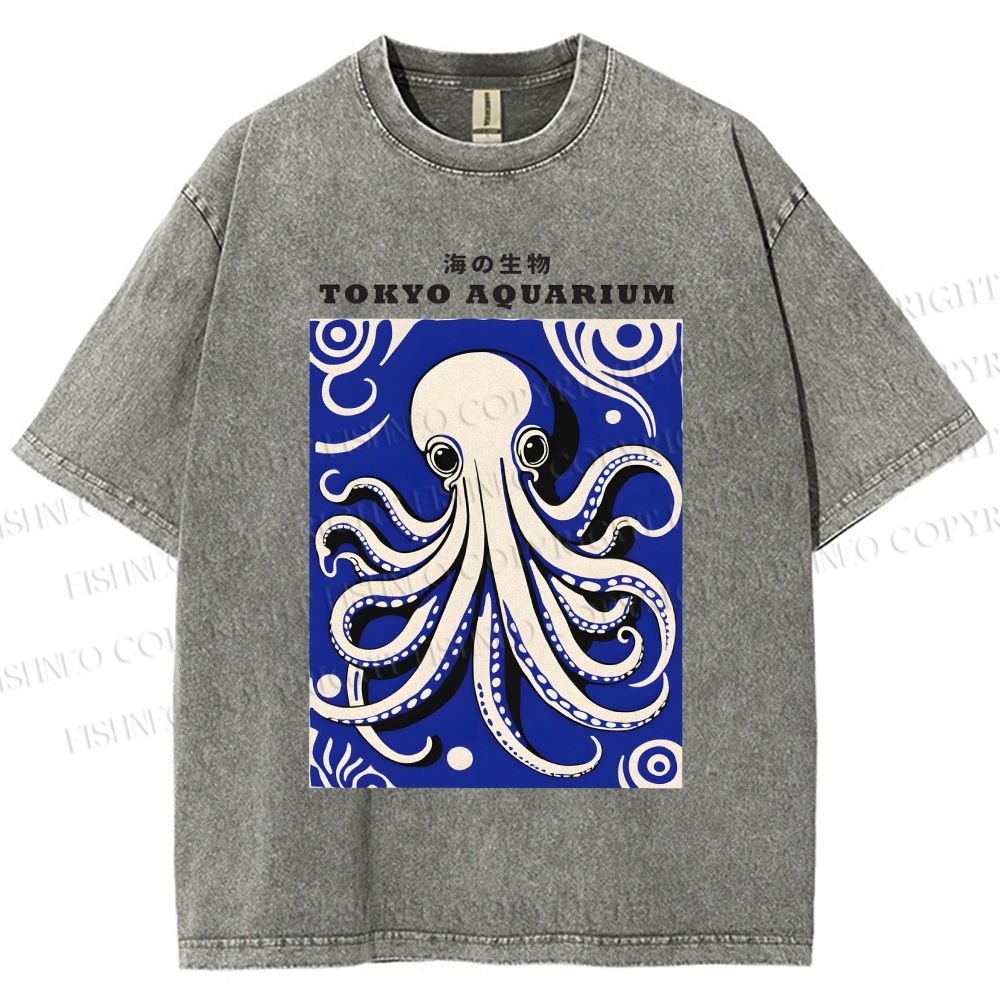 Unisex Japanese Octopus Printed Washed Tee